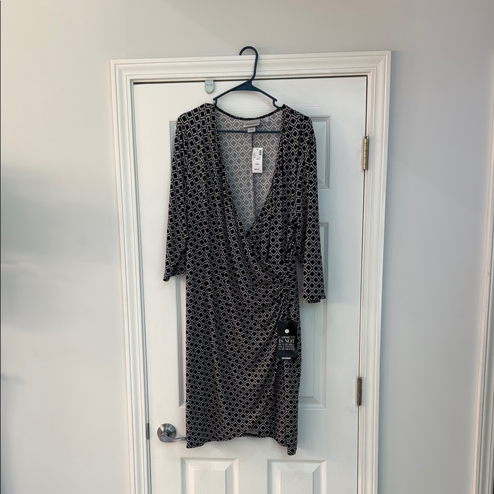 Avenue Black and White Ruched Wrap Dress
